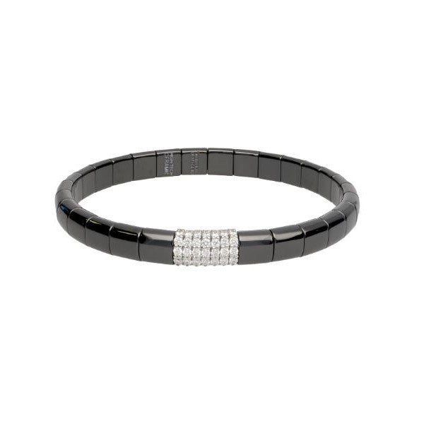 DEMEGLIO White Gold and Polished Black Ceramic Diamond Station Stretch Bracelet