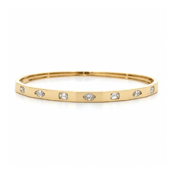 14K Yellow Gold Alternating Emerald and Marquise Diamond Bangle Bracelet