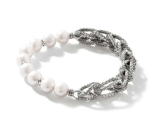 Silver And Pearls Chain Link Bracelet