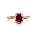 Load image into Gallery viewer, 14K Rose Gold Oval Ruby and Diamond Halo Ring