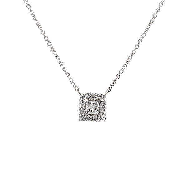 14K White Gold Princess Diamond Halo Necklace