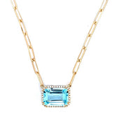 18K Yellow Gold Blue Topaz and Diamond Halo Necklace