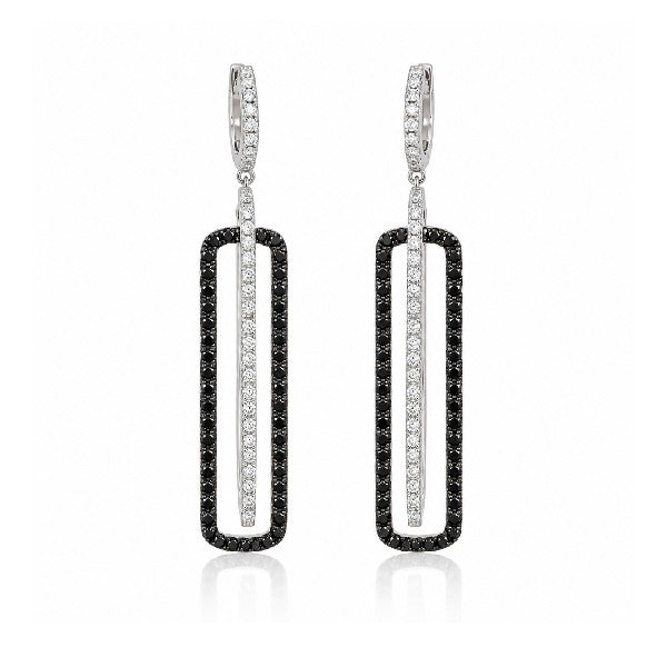 14K White Gold Interlocking Rectangle White and Black Diamond Earrings