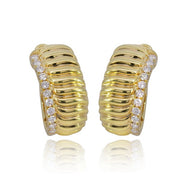 14K Yellow Gold Ribbed Diamond Hoop Earrings with Diamonds