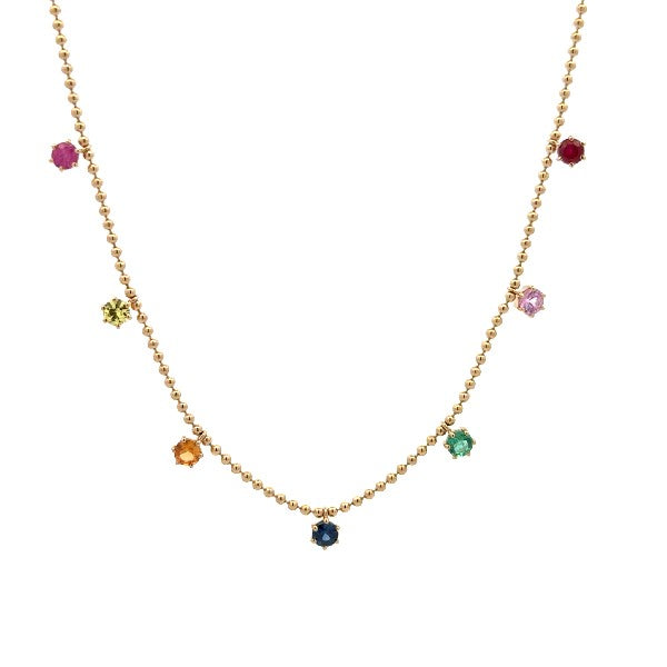 14K Yellow Gold Necklace With Dangling Multicolor Sapphire Stations
