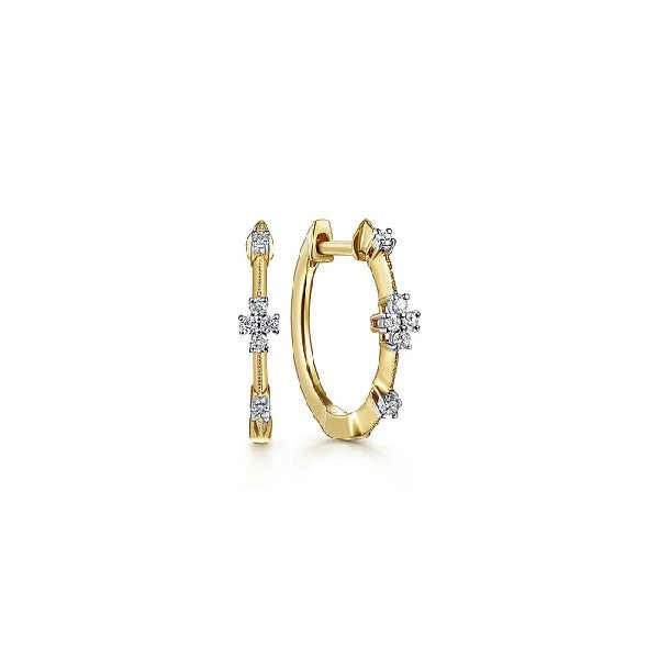 14K Yellow Gold Diamond Flower Station Huggie Hoop Earrings