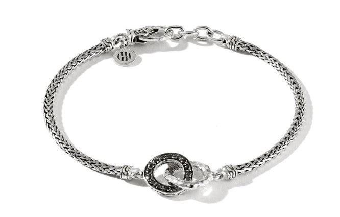 Classic Chain Hammered Silver And Black Gem Bracelet