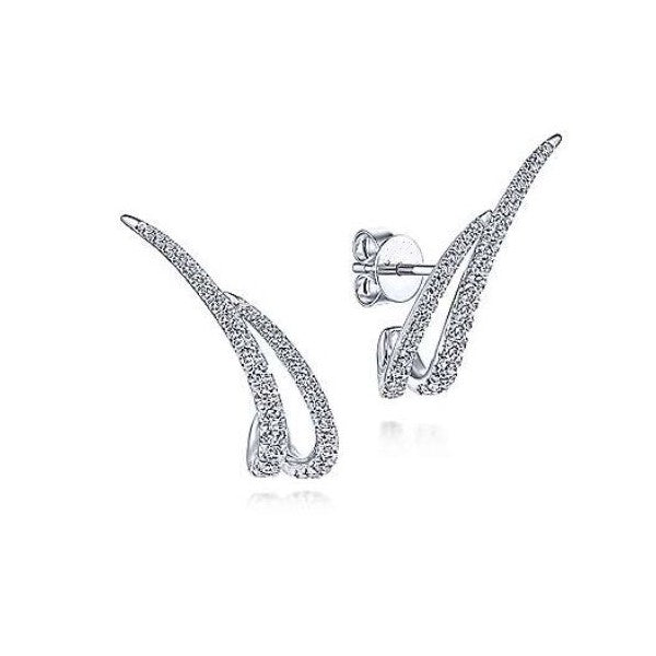 14K White Gold Diamond Curved Double Bar Diamond Climber Earrings - FINAL SALE