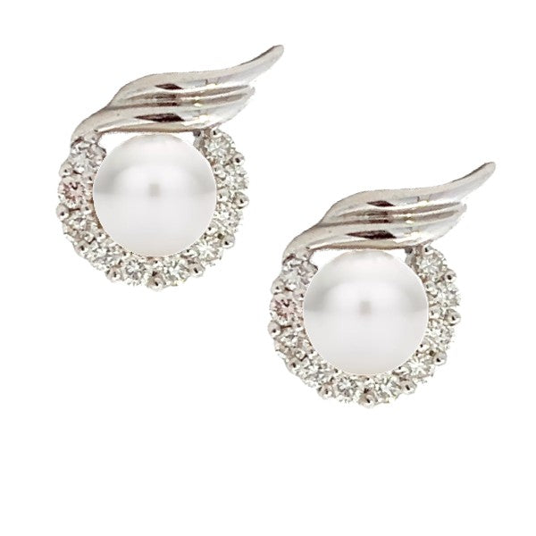 14K White Gold Cultured Pearl and Diamond Earrings - FINAL SALE