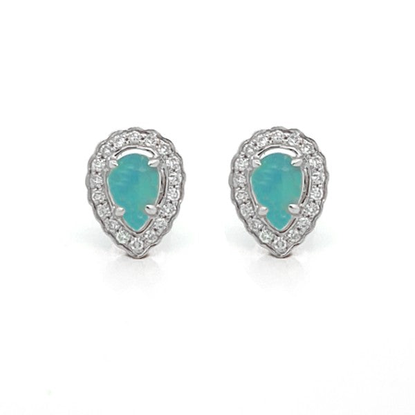 14K White Gold Pear Opal Diamond Halo Earrings