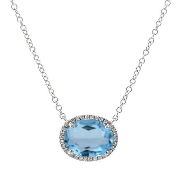 14K White Gold Oval Blue Topaz and Diamond Necklace
