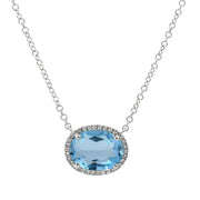 14K White Gold Oval Blue Topaz and Diamond Necklace