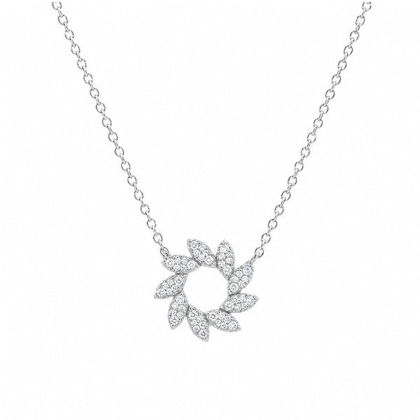 14K White Gold Open Diamond Fanned Leaf Circle Necklace