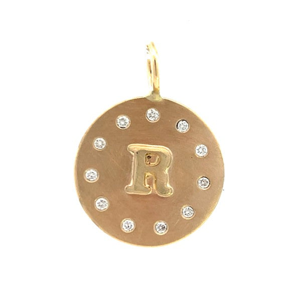HEATHER B MOORE Medium 14K Yellow Gold Round Charm with a Raised R Initial and Diamonds