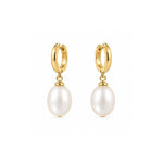 Load image into Gallery viewer, 14K Yellow Gold Huggie Pearl Drop Earrings