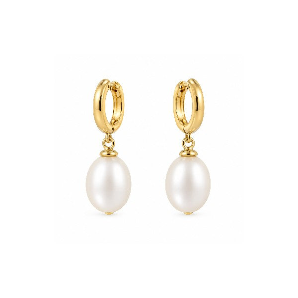 14K Yellow Gold Huggie Pearl Drop Earrings