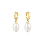 14K Yellow Gold Huggie Pearl Drop Earrings