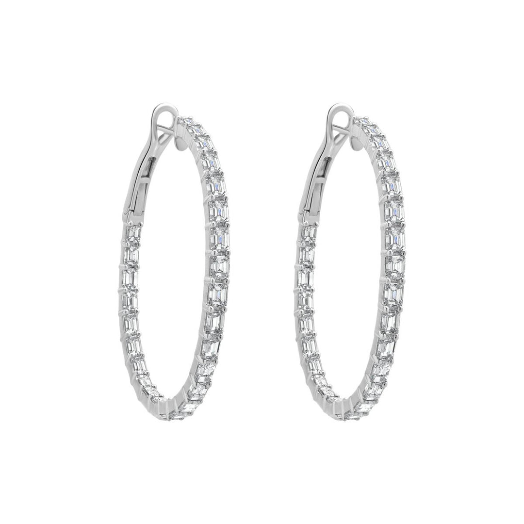 18K White Gold Emerald Cut Diamond Inside/Outside Hoop Earrings 4.60cttw