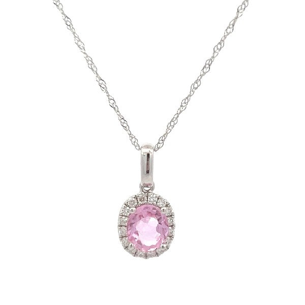 14K White Gold Pink Sapphire and Diamond Halo Necklace