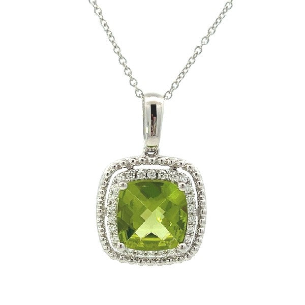 14K White Gold Peridot Necklace With Diamond Halo