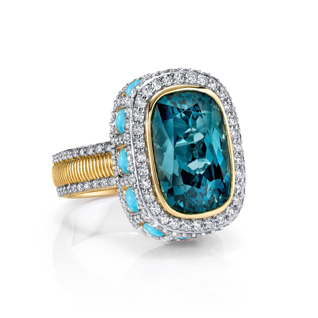SLOANE STREET 18K Yellow Gold London Blue Topaz, Turquoise & Diamond Ring