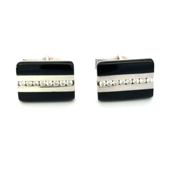 14K White Gold Black Onyx and Diamond Cuff Links
