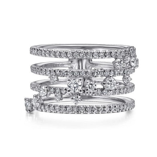 14K White Gold Five Row Pave Ring with Cluster Diamond Accent