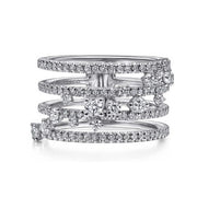 14K White Gold Five Row Pave Ring with Cluster Diamond Accent
