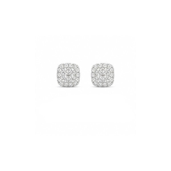 14K White Gold Pave Diamond Button Cushion Earrings
