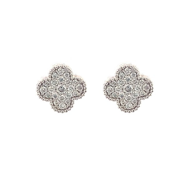 14k White Gold Diamond Clover Earrings