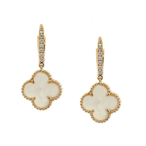 14K Yellow Gold Clover Mother Of Pear and Diamond Earrings