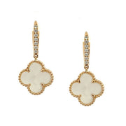 14K Yellow Gold Clover Mother Of Pear and Diamond Earrings