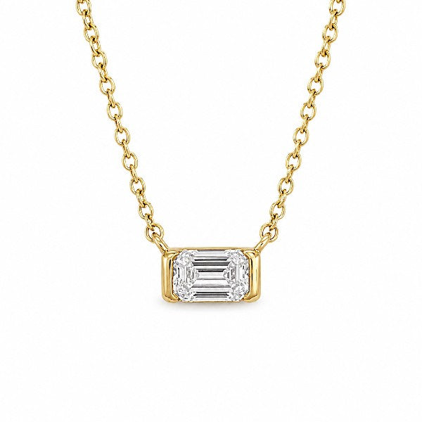 14K Yellow Gold Bezel Set Emerald Diamond Solitaire Necklace
