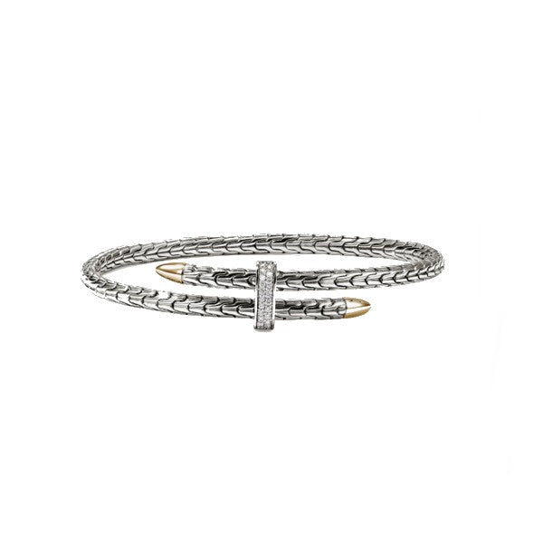 JOHN HARDY 14K Yellow Gold & SIlver Diamond Slim Spear Flex Bypass Cuff