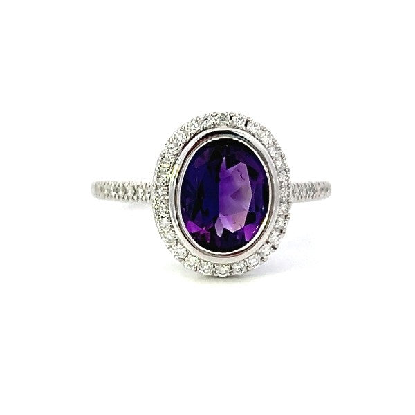 14K White Gold Oval Amethyst Ring With Diamond Halo