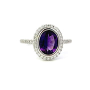 14K White Gold Oval Amethyst Ring With Diamond Halo