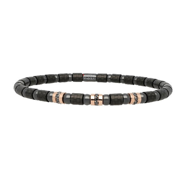 DEMEGLIO Men's Carbon Fiber, Ceramic and 18K Rose Gold and Black Diamond Station Stretchable Bracelet