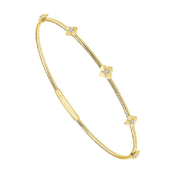 14K Yellow Gold Flexible Bangle Bracelet With Diamond Flower Stations
