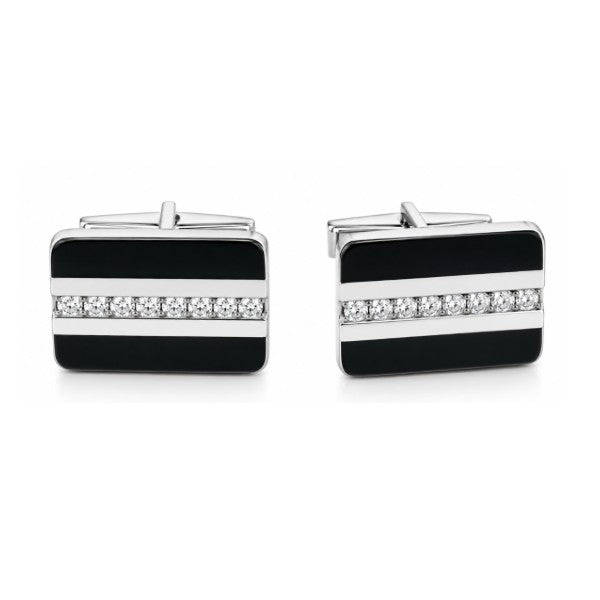 14K White Gold Black Onyx and Diamond Cuff Links