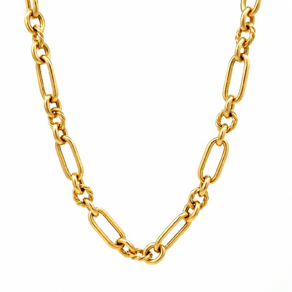 14K Yellow Gold Oval and Textured Round Link Chain Necklace