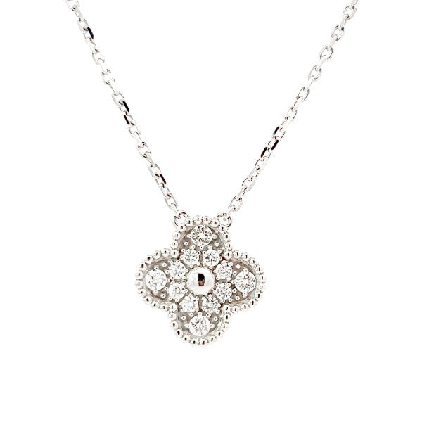 14K White Gold Diamond Clover Necklace