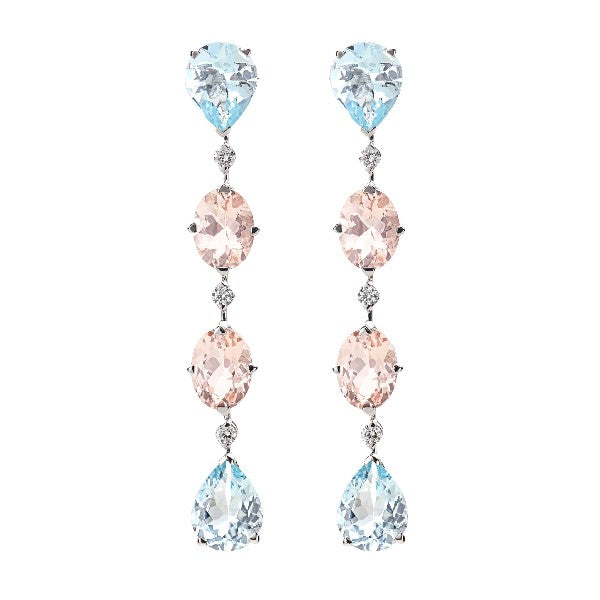 CASATO 18K White Gold Naturelle Aquamarine and Pink Morganite Long Earrings