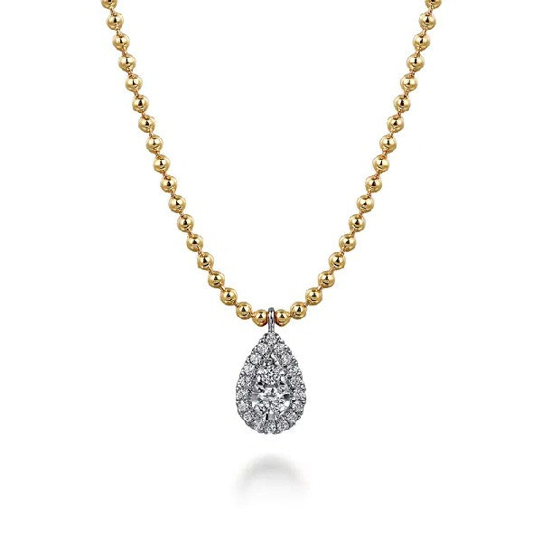 14K Yellow and White Diamond Pear Halo Necklace