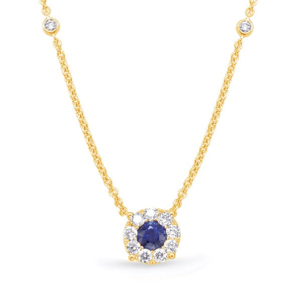 14K Yellow Gold Sapphire and Diamond Halo Necklace