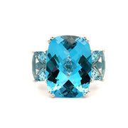 14K White Gold 3-Stone Fashion Ring With Cushion Sky Blue Topaz and Aquamarine