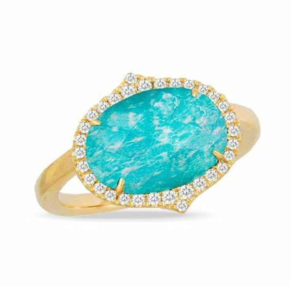 18K Yellow Gold and Diamond Clear Quartz over Amazonite Ring