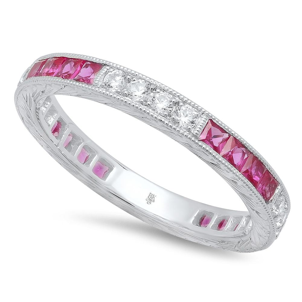 BEVERLY K 18Kwhite Gold French Cut Ruby and Diamond Band