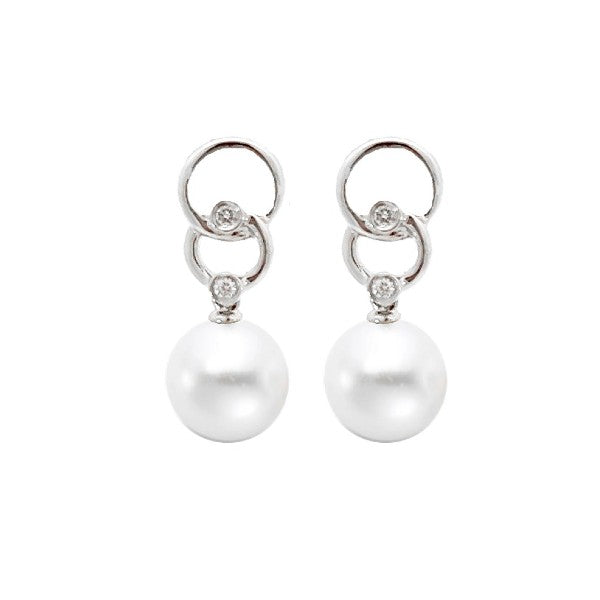 14K White Gold Cultured Drop Pearl and Diamond Earrings
