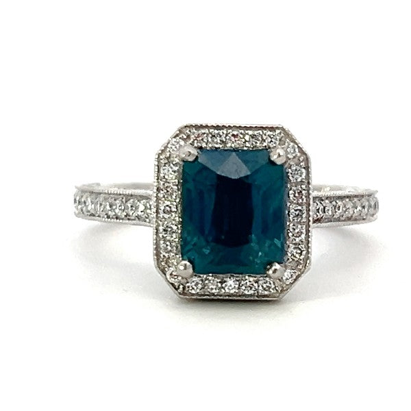 Platinum Diamond Halo and Montana Blue Sapphire Ring