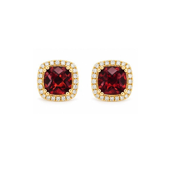 14K Yellow Gold Garnet and Diamond Halo Earrings